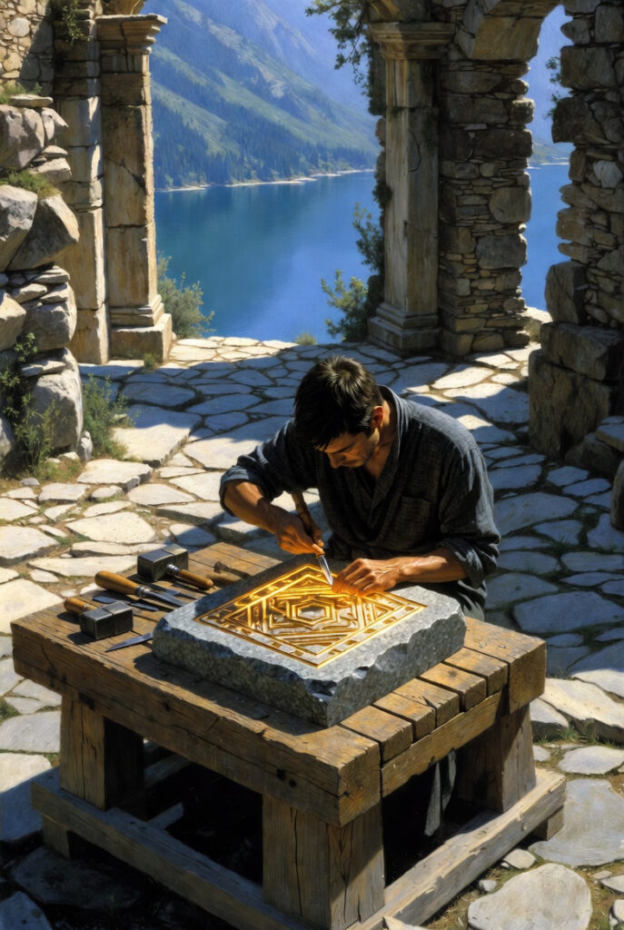 An intricate painterly illustration of a stone mason's hands precisely carving a sacred geometric seal into a heavy stone block in an ancient courtyard.