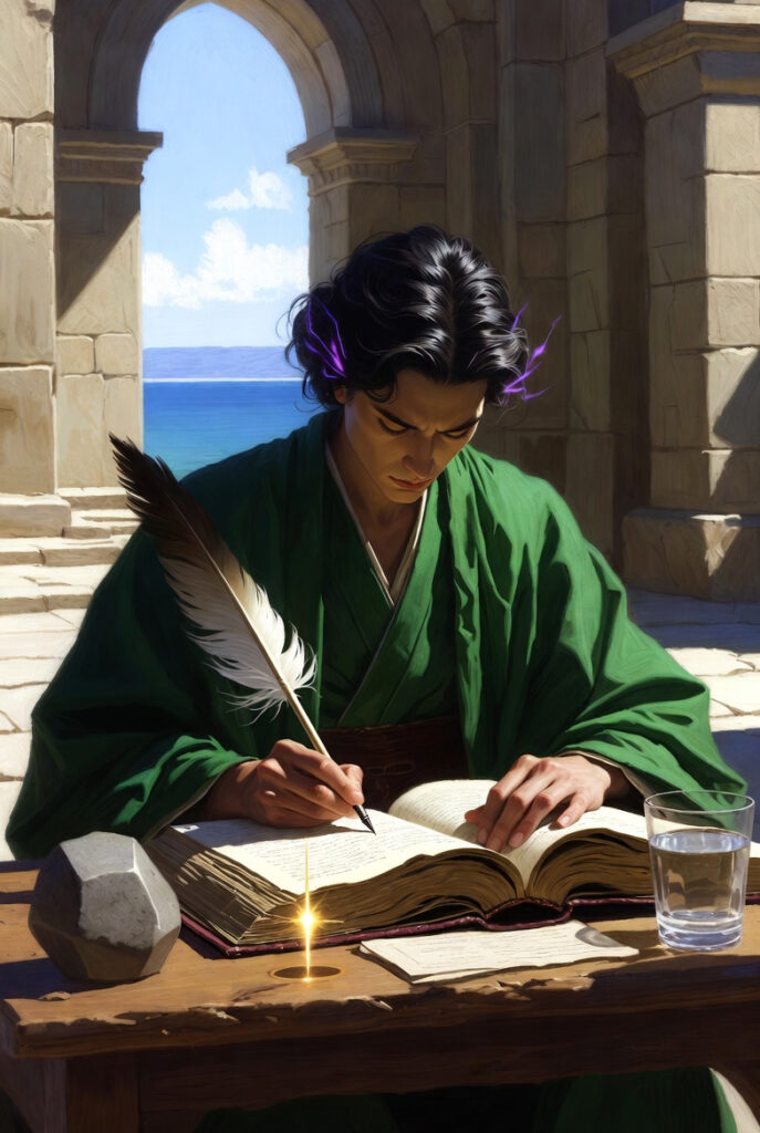 A person in thoughtful profile sitting at a heavy oak desk in a stone library, holding a glowing quill above a parchment.