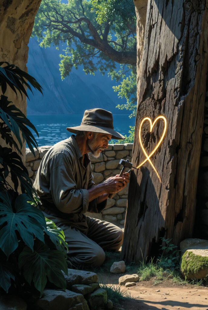 An intricate, painterly illustration of a person in a stone courtyard, carefully carving sacred geometric symbols into a wooden beam.