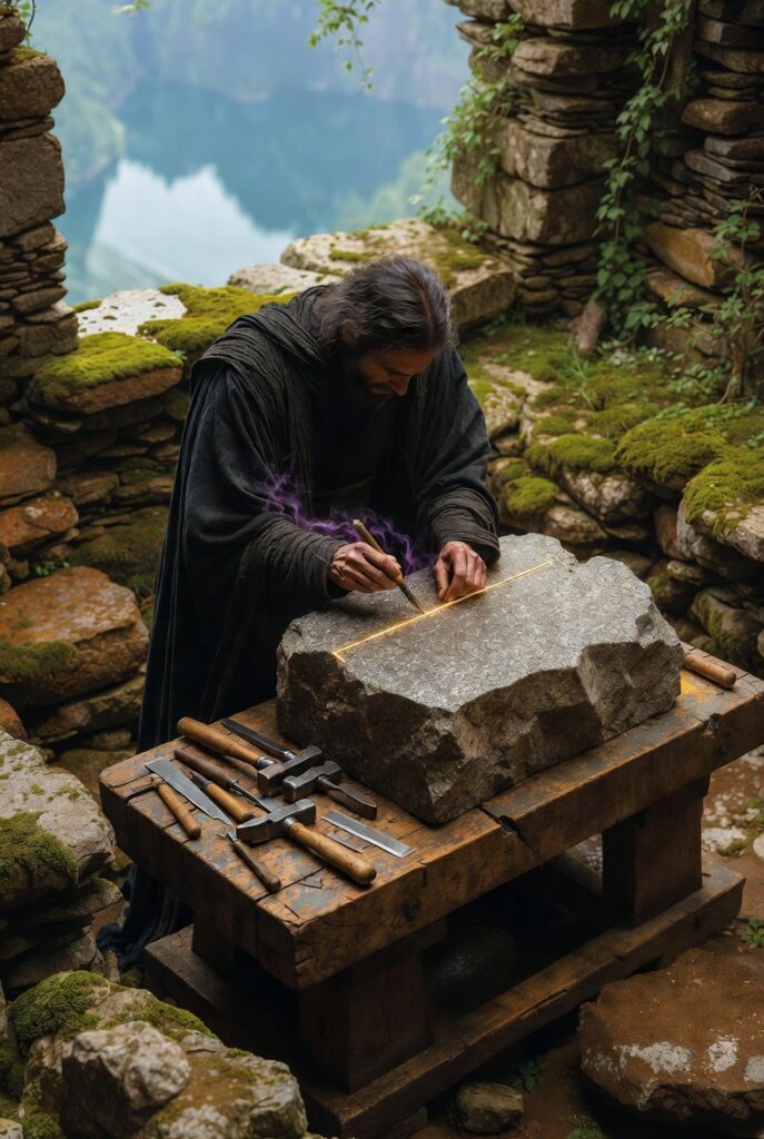 A focused architect-like figure in a stone courtyard, precisely carving a golden geometric symbol into a heavy stone block. Earthy tones, deep greens, and soft sunlight.