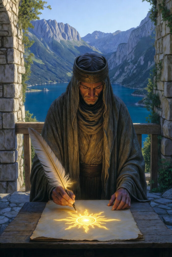 A painterly illustration of a stoic figure standing at a heavy stone table in a mountain courtyard, precisely carving a golden sun symbol into a dark slate tablet.