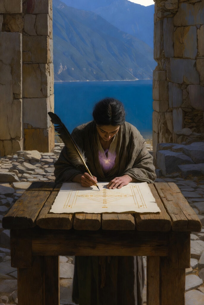 An intricate, painterly illustration of a visionary architect standing at a heavy wooden table in a stone courtyard, carefully sketching a blueprint that glows with faint gold light while overlooking a deep, still mountain lake.