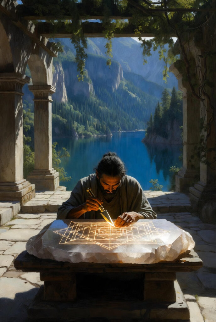 A person sitting at a heavy stone table in a quiet courtyard, using a small golden tool to carve precise geometric patterns into a clear quartz crystal.