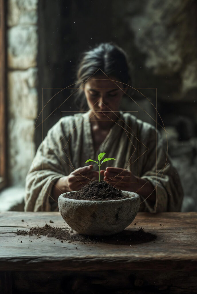 A person in a linen robe sitting at an ancient wooden workbench, carefully tending to a single glowing sprout emerging from a stone pot.