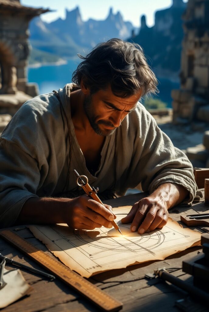 An architect in a stone courtyard using a wooden compass to draw sacred geometry on a heavy parchment, surrounded by mountains.