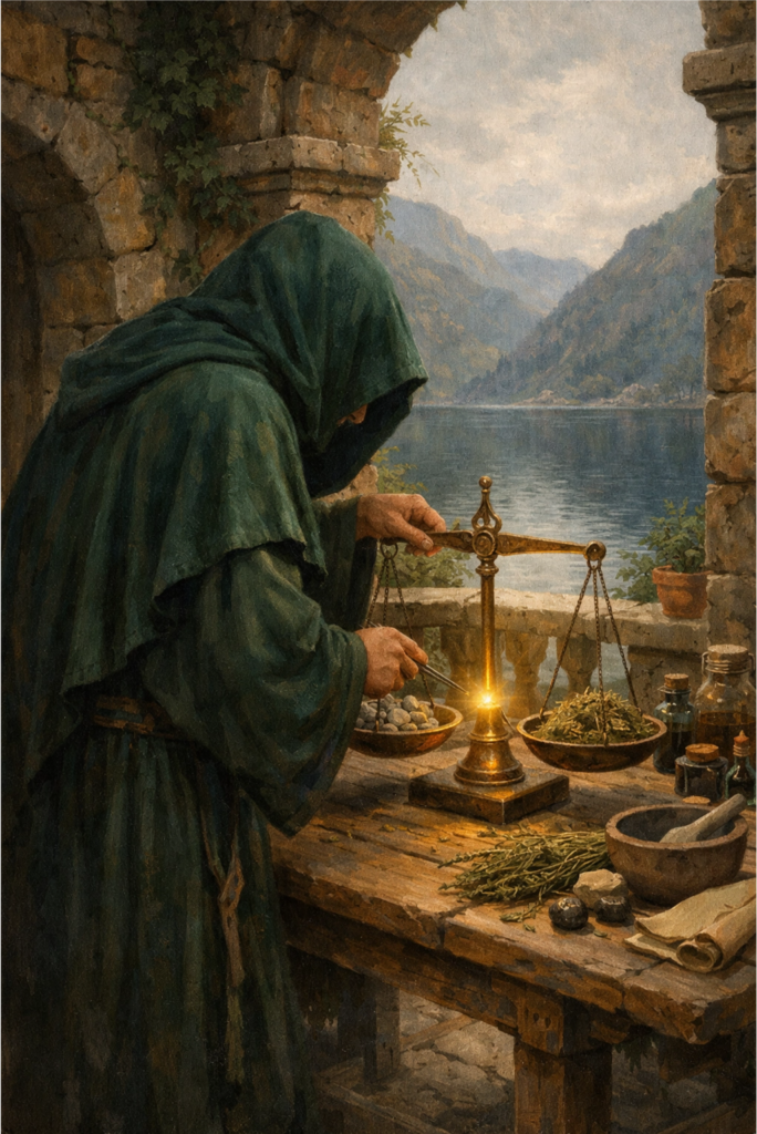 A painterly illustration of a woman in an emerald robe standing at a heavy stone table in a courtyard, carefully pouring golden liquid from a clay jar into a crystalline bowl.
