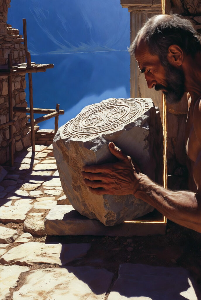 A person in simple linen clothing standing in a stone courtyard, carefully placing a perfectly carved geometric stone onto a low wall overlooking a calm, deep blue mountain lake.