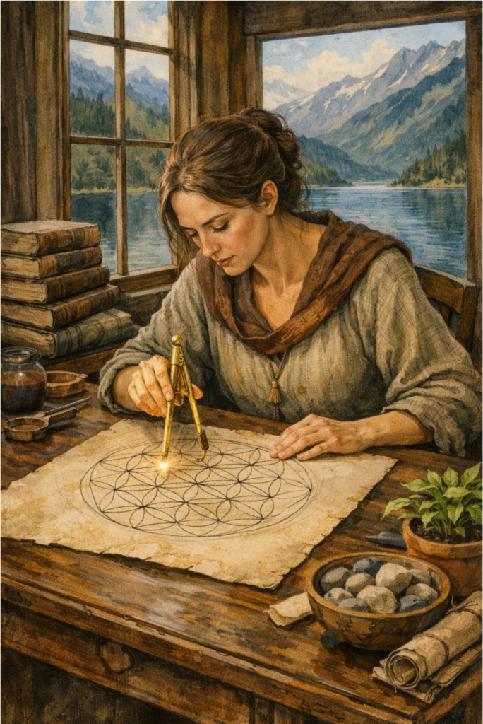 An architect of light at a heavy oak desk, using a golden compass to draw geometric blueprints on thick parchment, overlooking a calm blue lake.