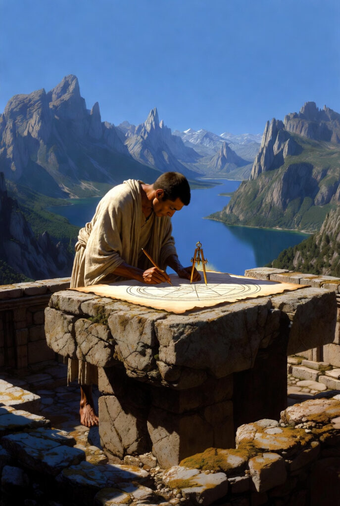 An intricate illustration of a master architect standing at a heavy stone table in a mountain courtyard, precisely drawing geometric blueprints with a glowing gold compass.