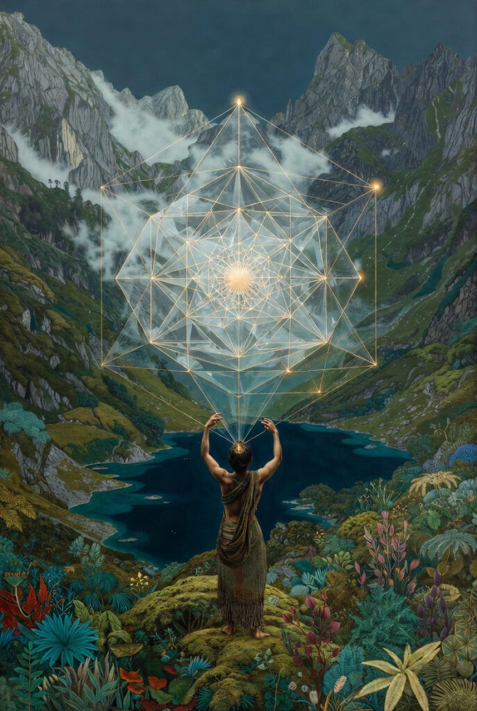 A master architect in a deep forest glade, standing before a large, shimmering glass loom suspended between two ancient oaks. They are weaving threads of pure light into a complex geometric fabric.