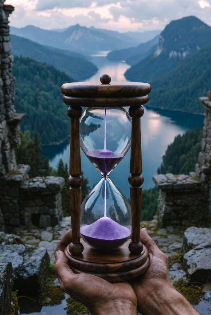 A person in a simple linen tunic stands on a stone balcony overlooking a misty, deep blue mountain lake, holding a wooden hourglass where the sand flows upward in a thin gold line.