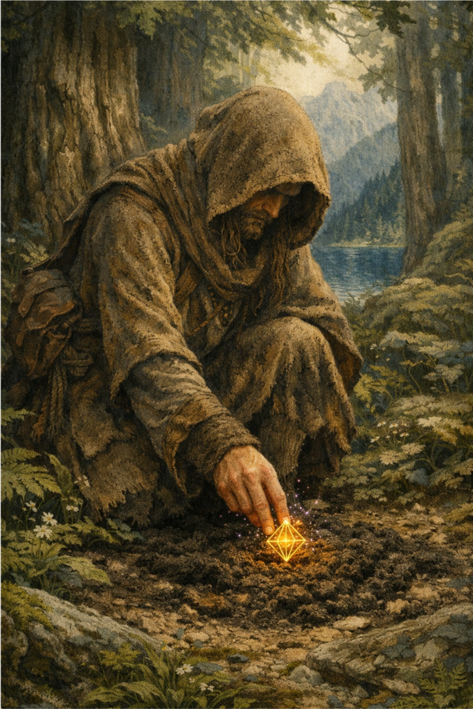 An intricate painterly illustration of a master gardener carefully planting a glowing golden seed into deep, rich soil within a forest clearing.