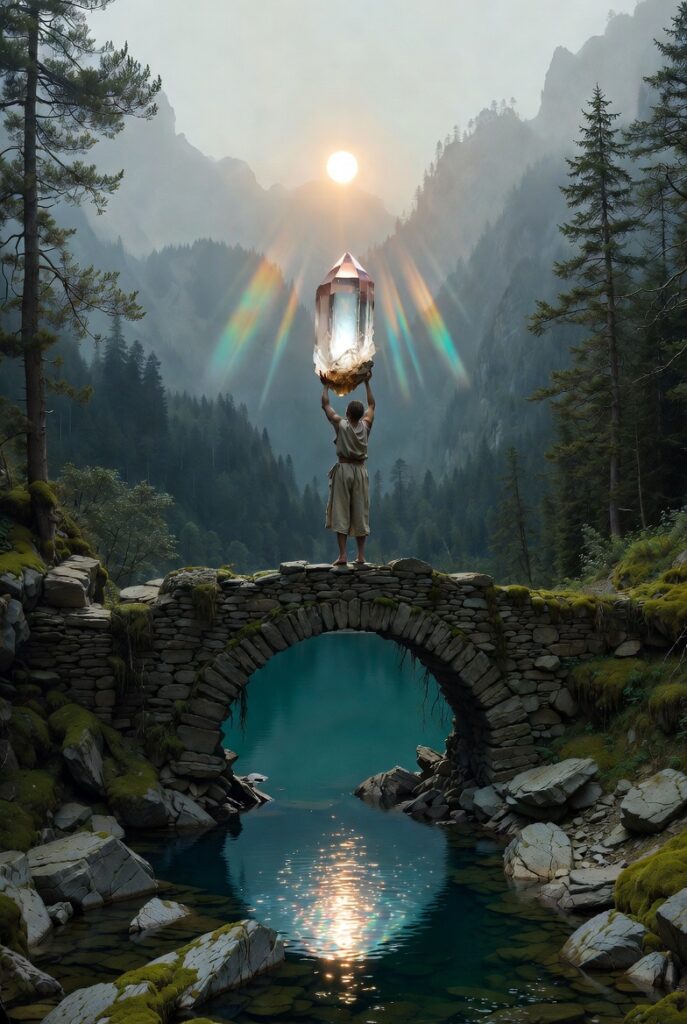 A person standing on a moss-covered stone bridge over a mirror-still deep blue lake, holding a large, raw clear quartz point toward the morning sun.