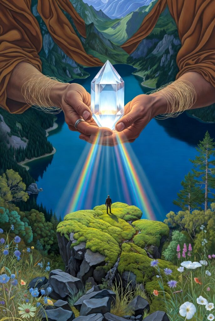 A painterly illustration of a person standing on a lush green cliffside overlooking a deep blue mountain lake, holding a glass prism that catches the morning sunlight and disperses it into clear, vibrant colors onto the grass.