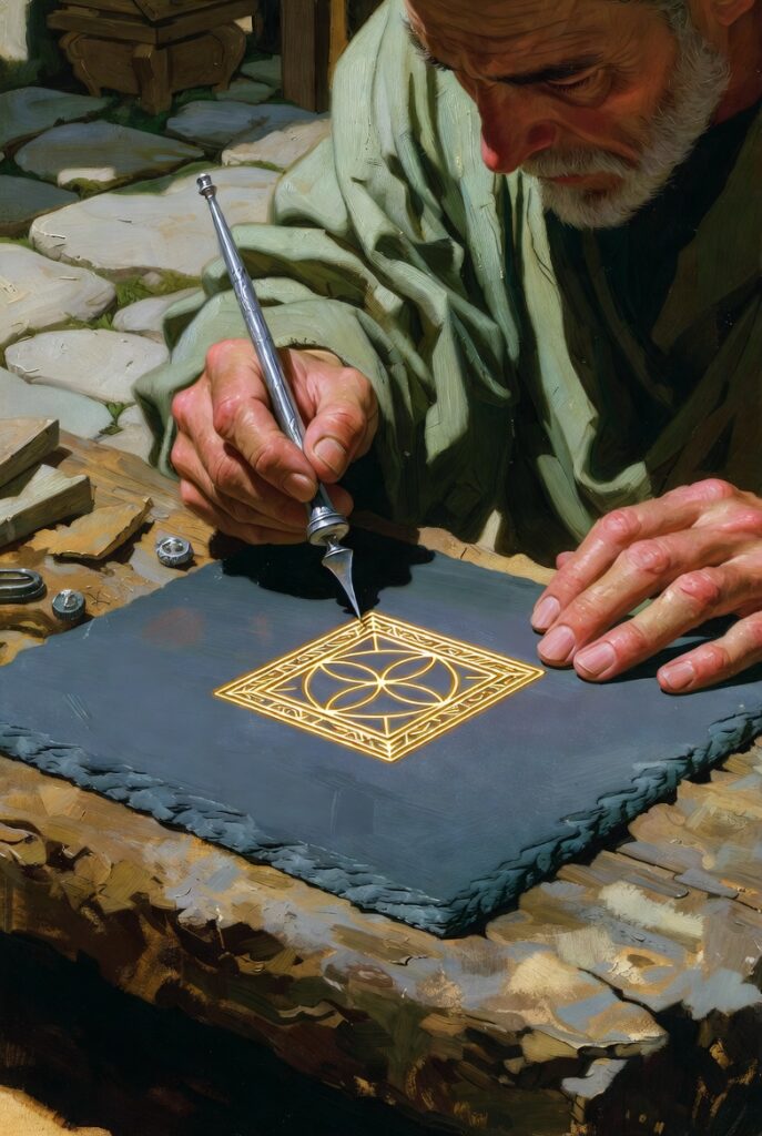 A stoic figure in a deep green robe stands in a stone courtyard, carefully carving a geometric symbol into a heavy block of oak wood with a silver chisel.