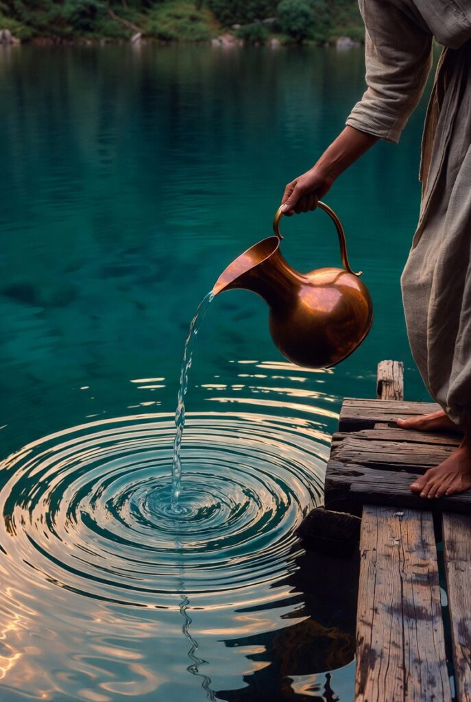 A person standing on a wooden pier overlooking a deep green lake, pouring water from a copper vessel into the lake, creating ripples that catch the golden morning light.