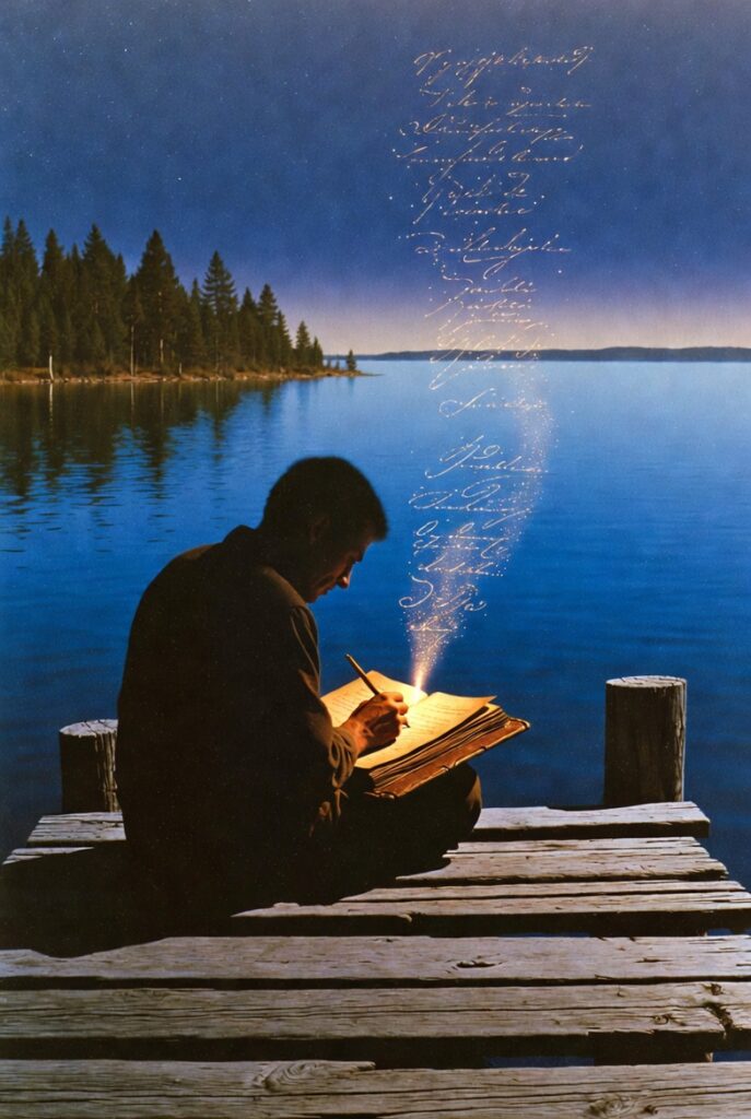 A person sitting on a wooden pier by a deep blue lake, writing with a glowing quill into a book of light.