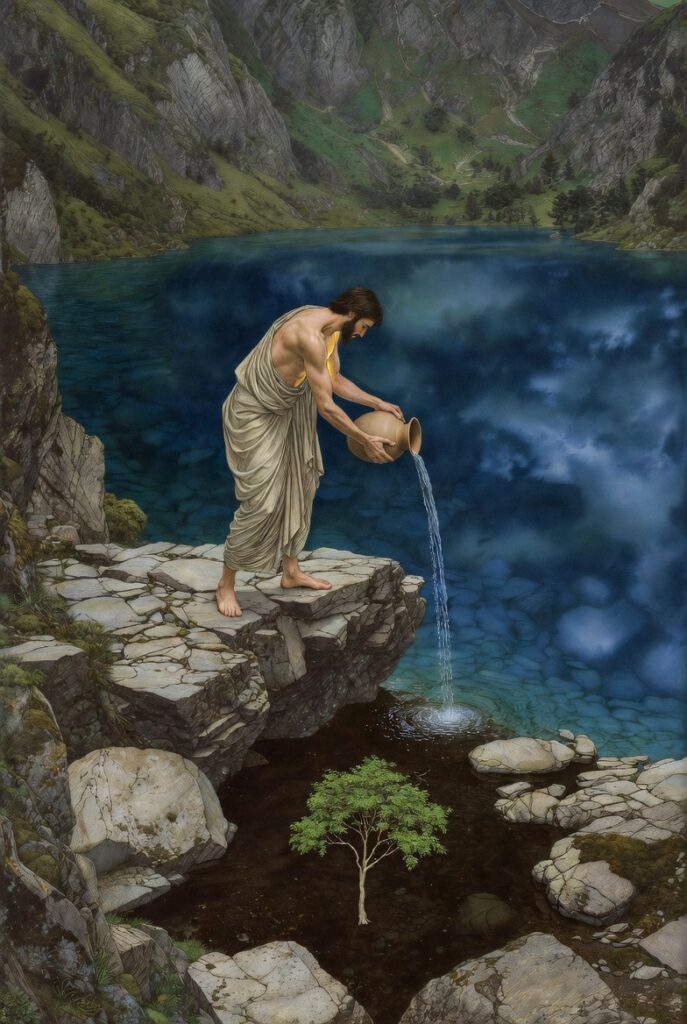 A painterly illustration of a person standing on a mossy stone overlook, pouring old water from a ceramic jug into a deep blue lake as a new green sprout grows at their feet.