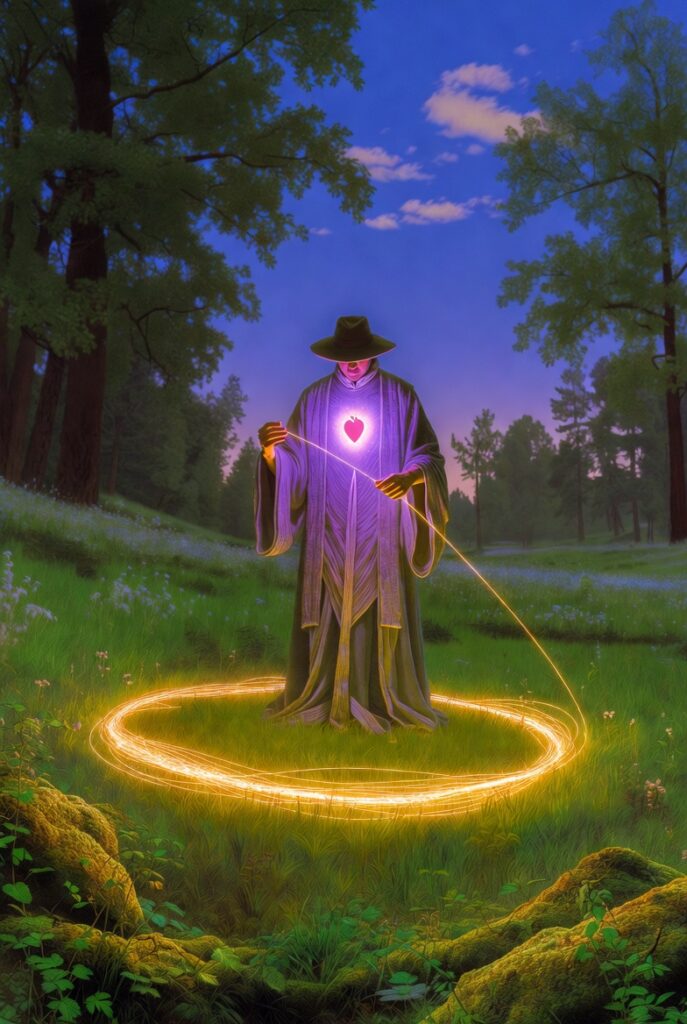 Intricate painterly illustration of a regal figure standing in a lush green meadow, holding a glowing golden thread that forms a circle around them.