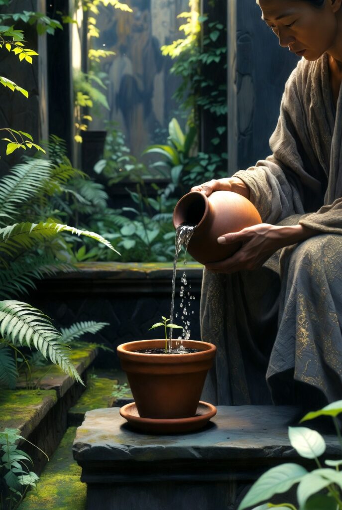 An intricate painterly illustration of a person in simple linen clothes sitting on a stone bench in a mossy courtyard, carefully pouring clear water from a clay jug into a small terracotta pot containing a single green sprout.