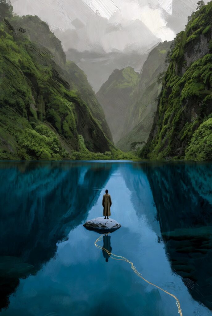 A lone figure standing on a flat stone in the center of a mirror-like deep blue lake, surrounded by mist-covered green mountains.