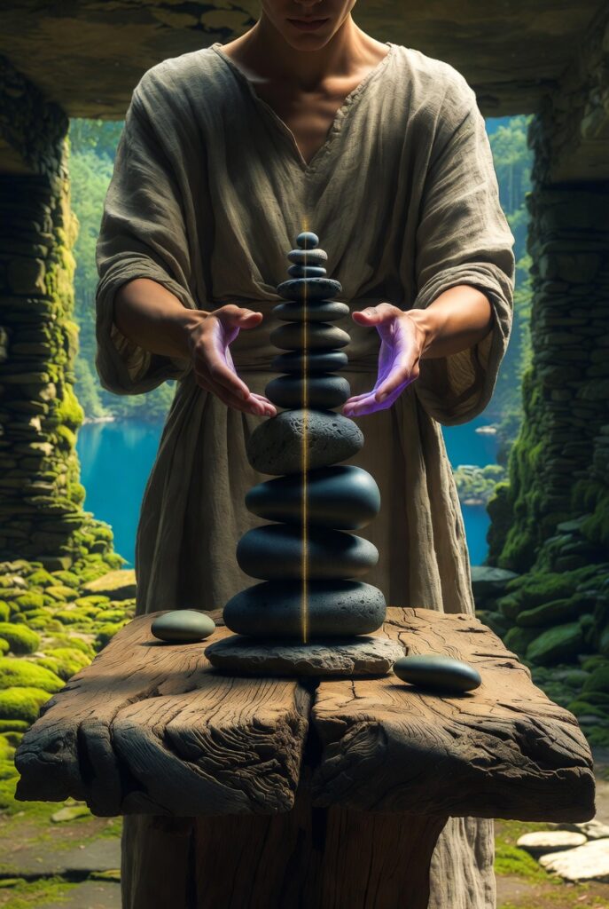 A person in a simple linen robe standing in a sunlit stone courtyard, carefully balancing several dark, smooth river stones on a heavy wooden garden table.