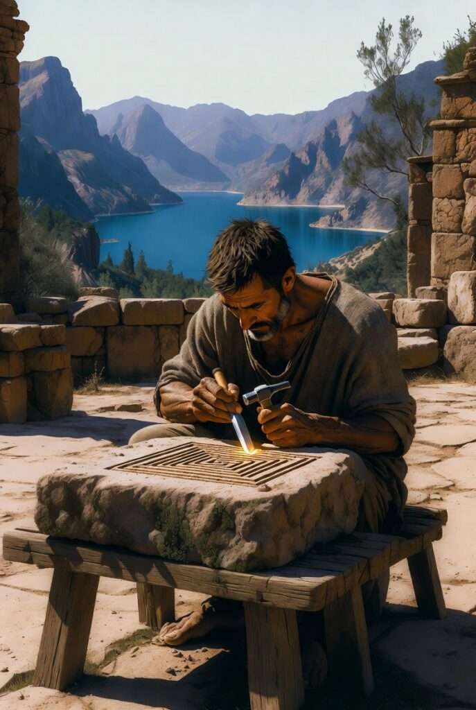 An intricate illustration of a master stonemason in a sunlit stone courtyard, carefully carving a geometric fractal pattern into a large, earthy-toned block of granite.