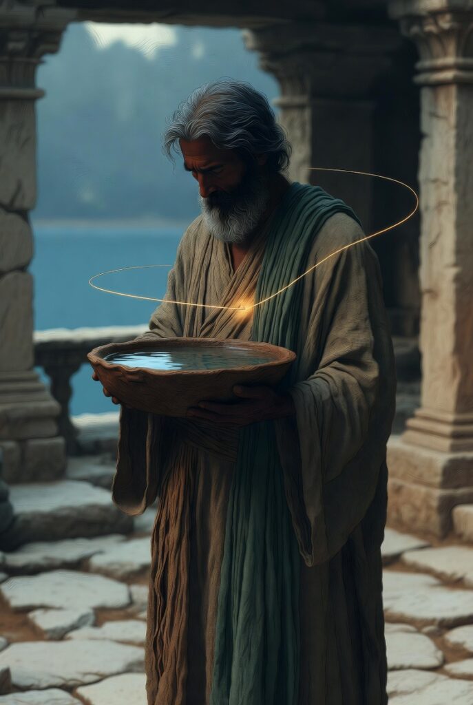 An intricate painterly illustration of a hooded figure in a stone courtyard, carefully pouring clear water from a weathered clay vessel into a silver basin, with small golden symbols glowing softly in the water.