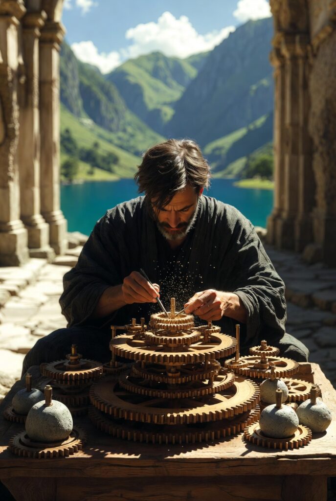 An intricate, painterly illustration of a wise figure in a stone courtyard, carefully adjusting a complex mechanical clock made of wood and copper, surrounded by lush green vines and deep blue water in the background.