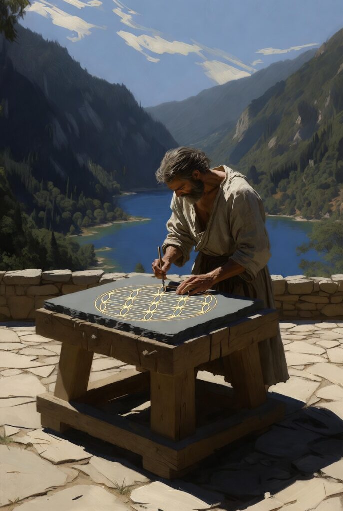 A focused stone mason in a sunlit stone courtyard, carefully carving a geometric seal into a heavy granite block. Earthy textures of wood and stone dominate the scene.