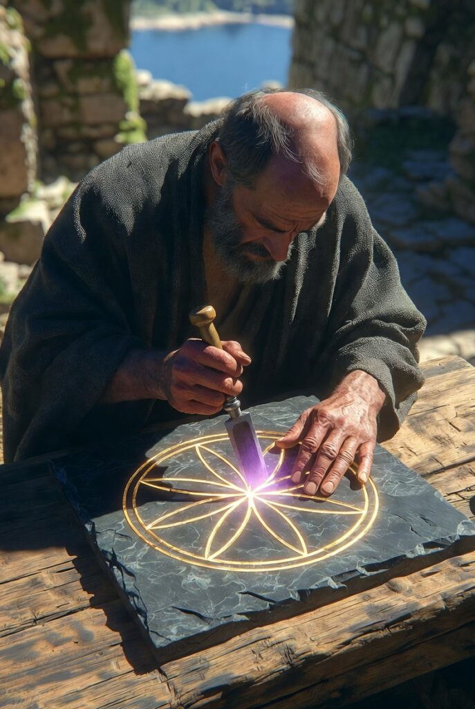 An intricate illustration of a focused artisan standing in a stone courtyard, carefully carving a geometric symbol into a heavy wooden beam using traditional tools.