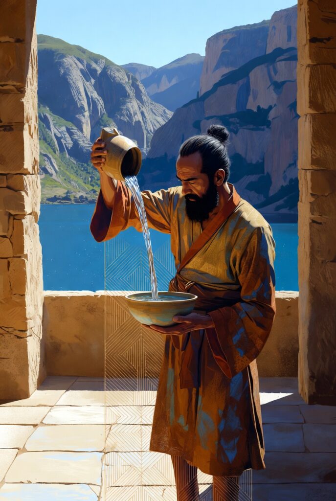 A person in simple linen clothing standing in a stone courtyard, carefully pouring water from one ceramic bowl to another to find perfect equilibrium.