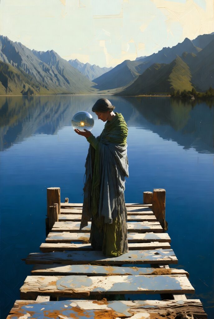 A person standing on a high wooden balcony overlooking a mist-covered deep blue lake, holding a simple glass prism that catches a single ray of light.