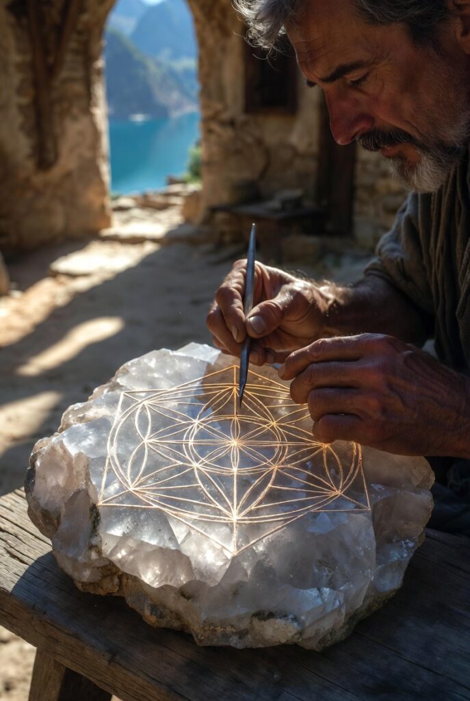A person in simple linen clothing standing in a stone courtyard, carefully carving a geometric crystal pattern into a large wooden table with a small, glowing chisel.