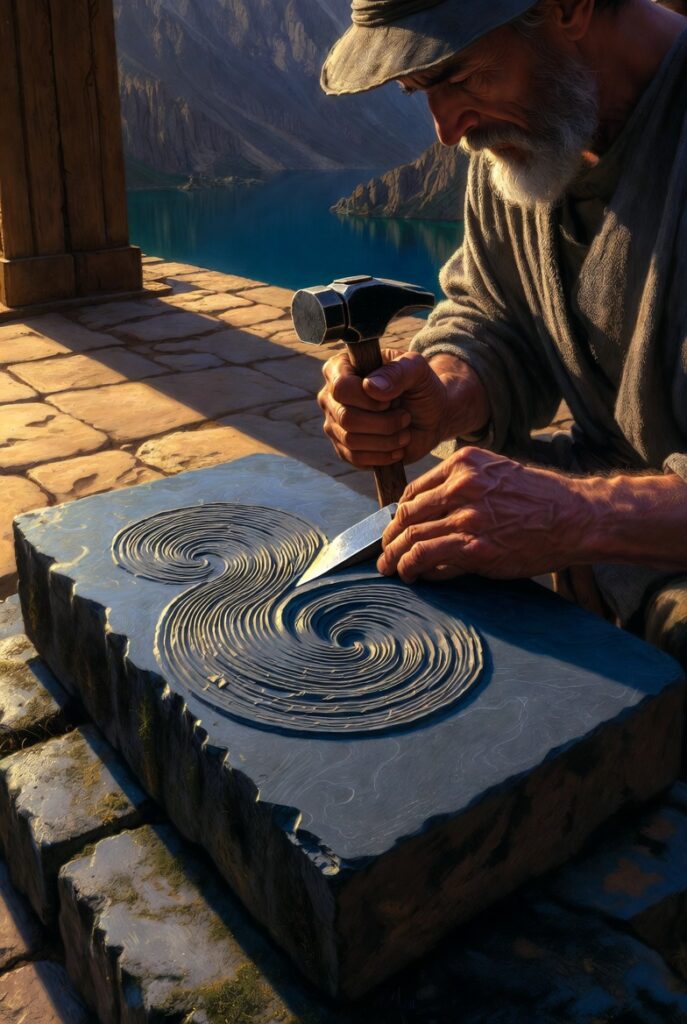 A master artisan at a heavy stone workbench, carefully carving a flowing water pattern into a solid block of marble using a glowing golden chisel.