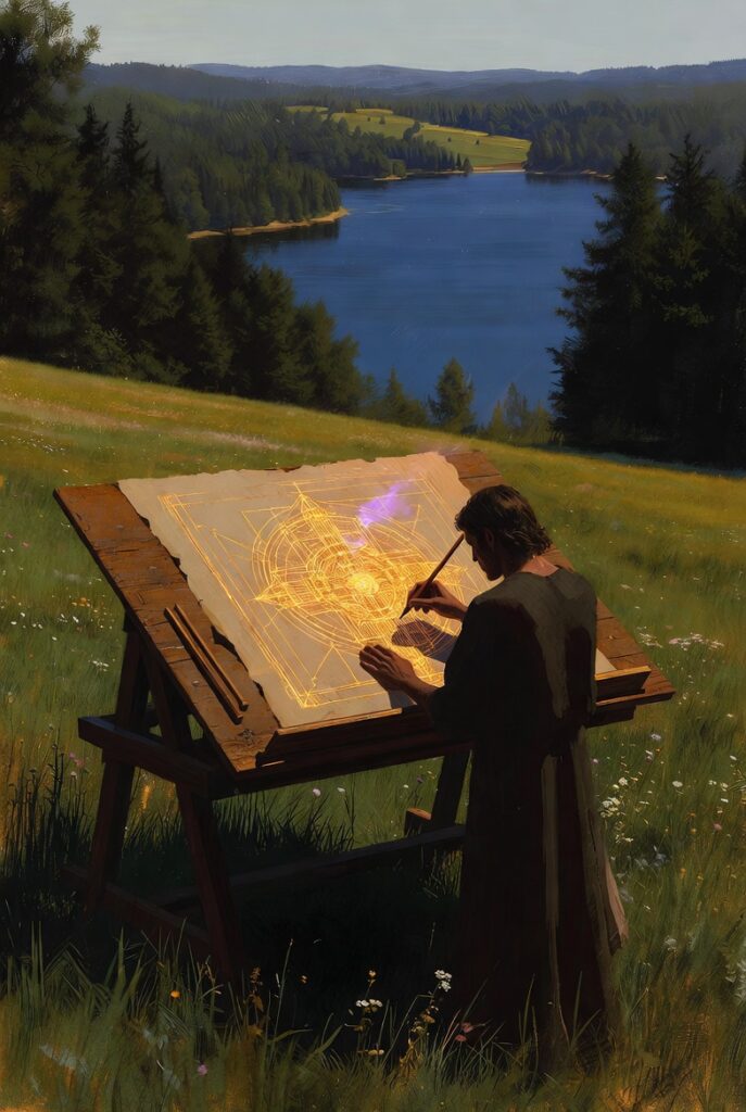 A painterly illustration of a visionary architect in a garden, drafting golden geometric blueprints on a heavy wooden easel overlooking a deep blue lake.