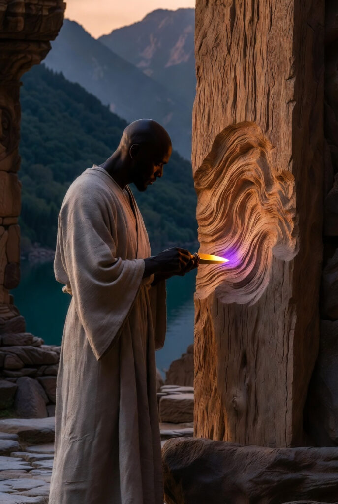 A painterly illustration of an architect-monk standing in a stone courtyard, carefully carving a flowing water pattern into a solid wooden pillar.