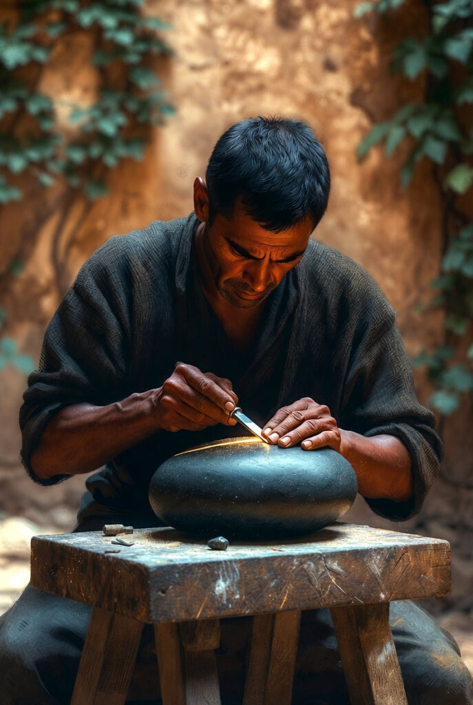 A painterly illustration of a focused artisan at a heavy wooden workbench, carefully carving ancient symbols into a smooth river stone with a small, glowing metallic tool.