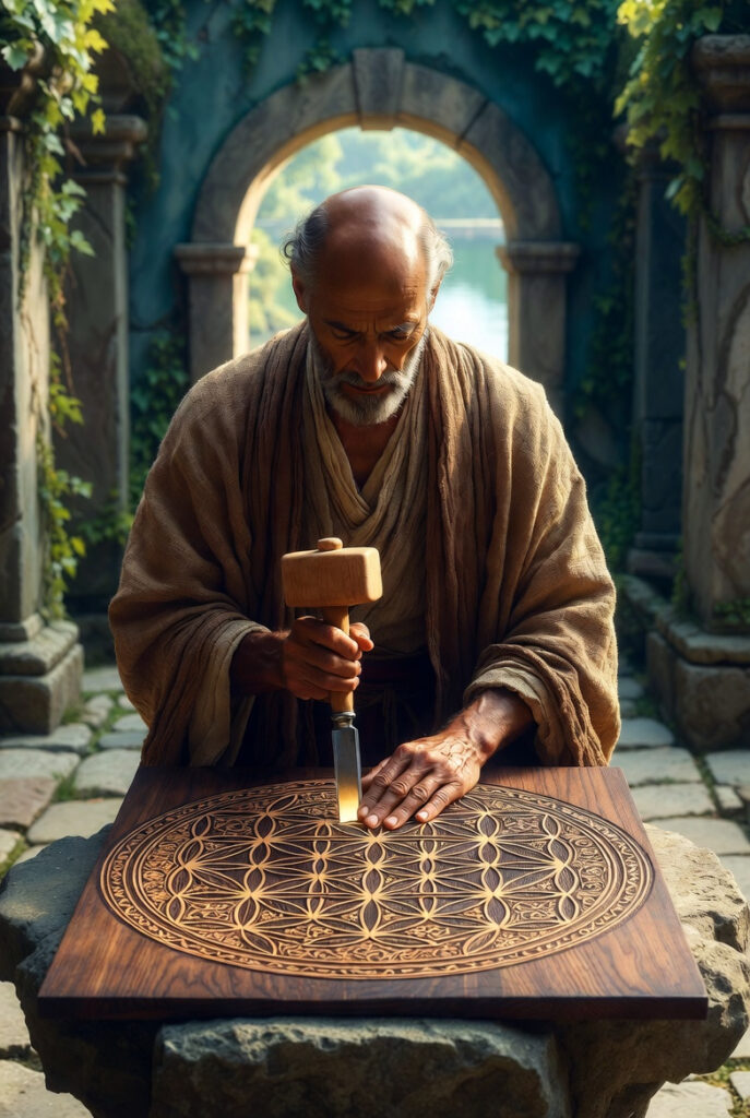 A person in simple linen clothing standing at a heavy stone workbench in a sunlit courtyard, carefully carving geometric patterns into a wooden block.