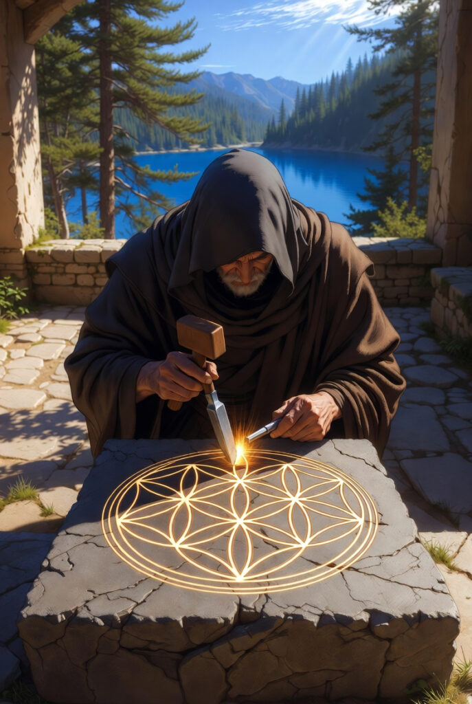 An intricate, painterly illustration of a stone mason precisely carving a sacred geometric symbol into a massive granite block in a mountain workshop.