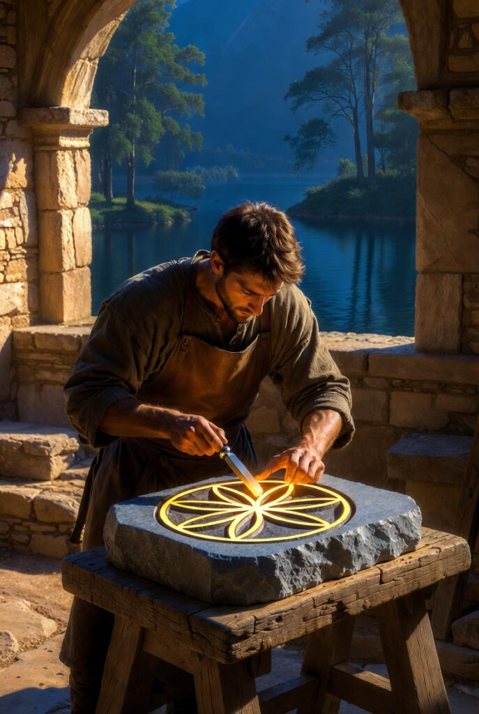 An intricate, painterly illustration of a master stonemason at a heavy wooden workbench in a stone courtyard, carefully carving geometric symbols into a block of granite.