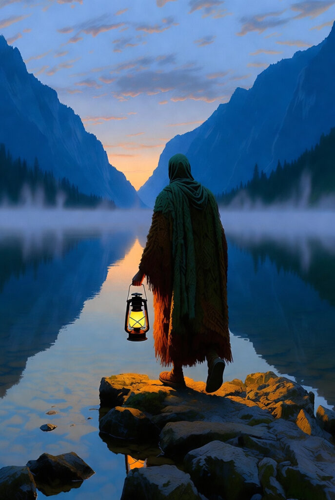 A person standing on a mist-covered lakeshore, holding a glowing lantern that illuminates the surrounding reeds and clear water.