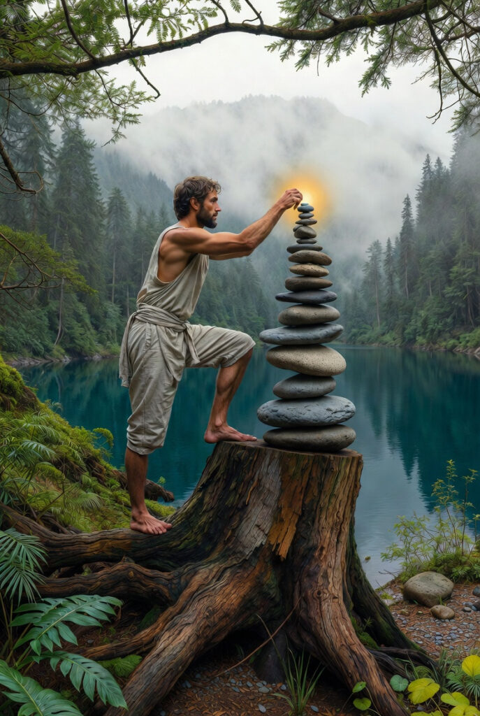 A person in a serene forest garden carefully stacking smooth river stones atop a mossy wooden stump, demonstrating perfect balance and focus.