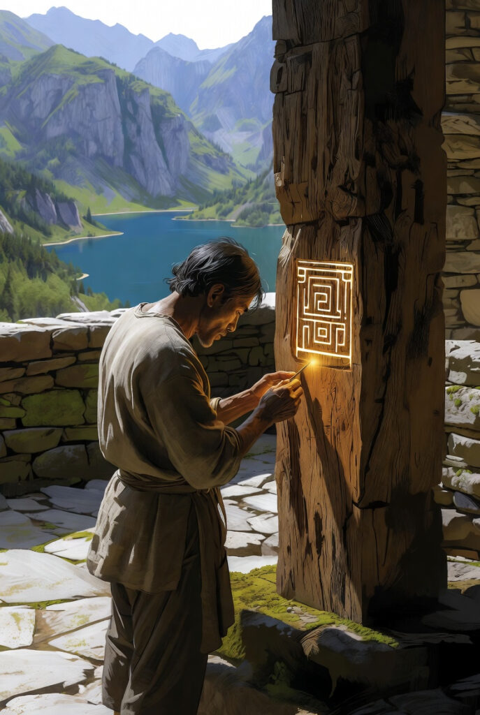 An intricate painterly illustration of a focused female architect in a stone courtyard, carefully carving geometric symbols into a large wooden beam.