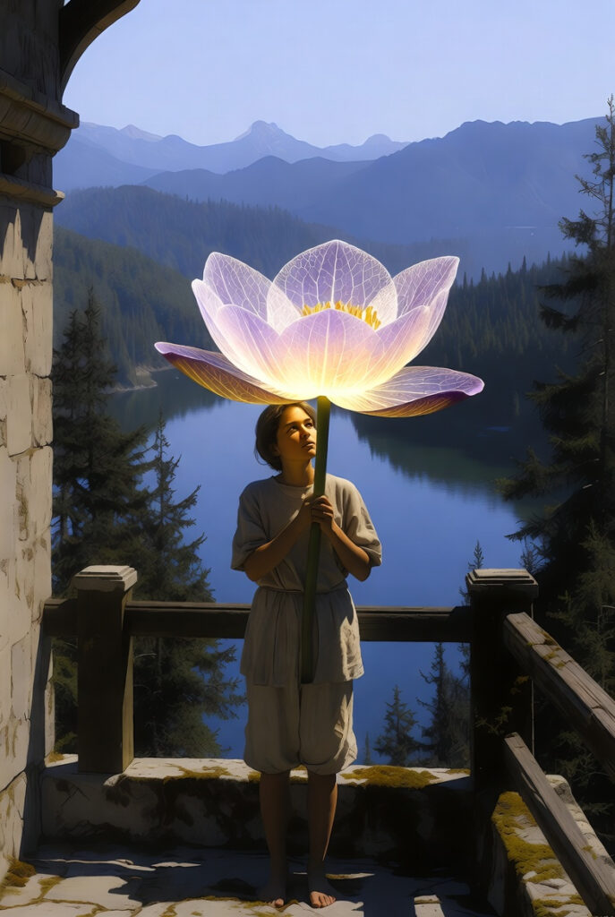 A painterly illustration of a person standing on a stone balcony overlooking a deep blue lake, gently holding a large, glowing water lily that pulses with soft light.