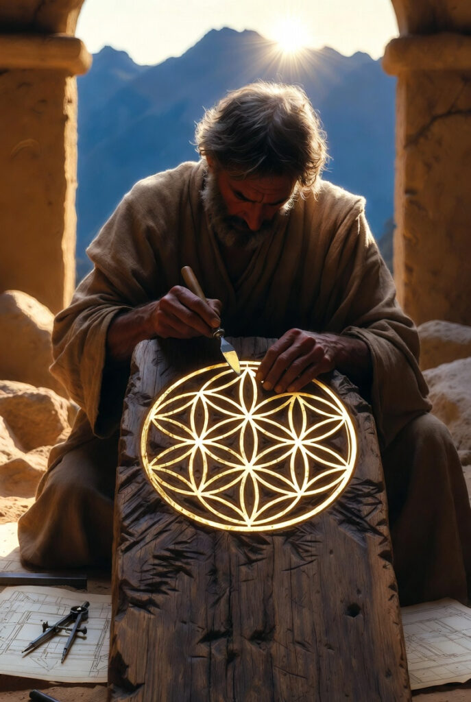 A person in simple linen clothing standing in a sunlit stone courtyard, carefully carving a sacred geometric pattern into a large wooden beam.
