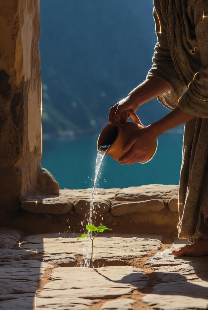 A person in simple linen clothing standing in a sunlit stone courtyard, carefully pouring clear water from a clay pitcher into a small green sprout growing between the stones.