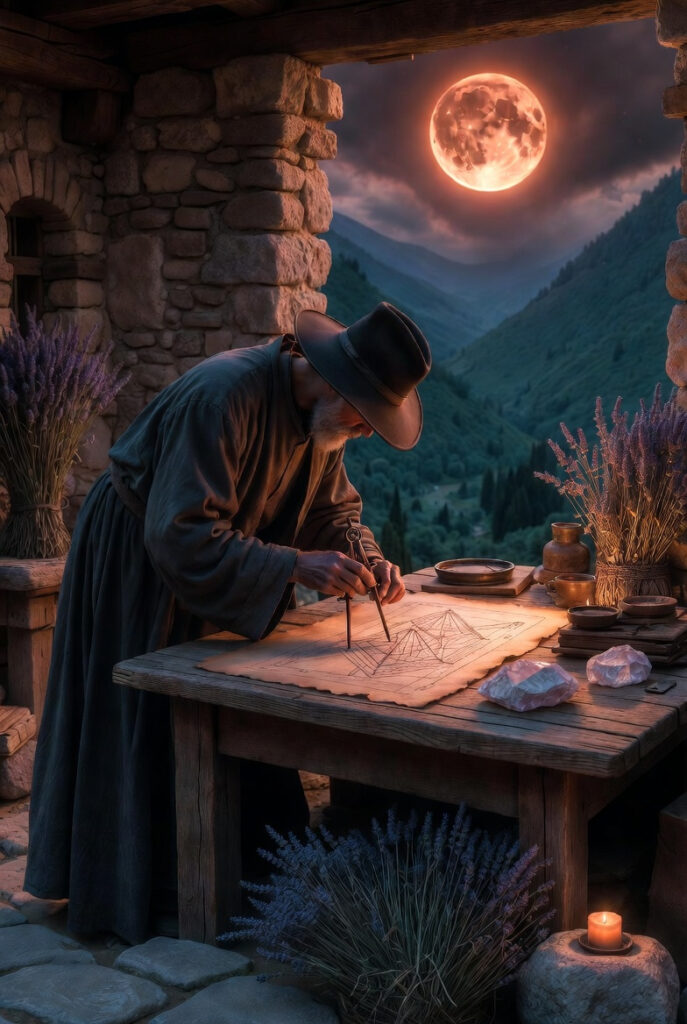 A person in a stone courtyard using a wooden compass to draw sacred geometry on a heavy parchment, surrounded by herbs and stones.