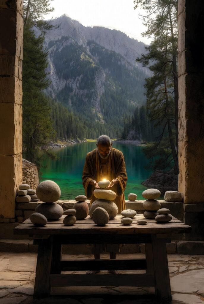 A person in simple linen clothing standing in a serene stone courtyard, carefully placing a smooth river stone atop a perfectly balanced cairn near a deep, still mountain lake.