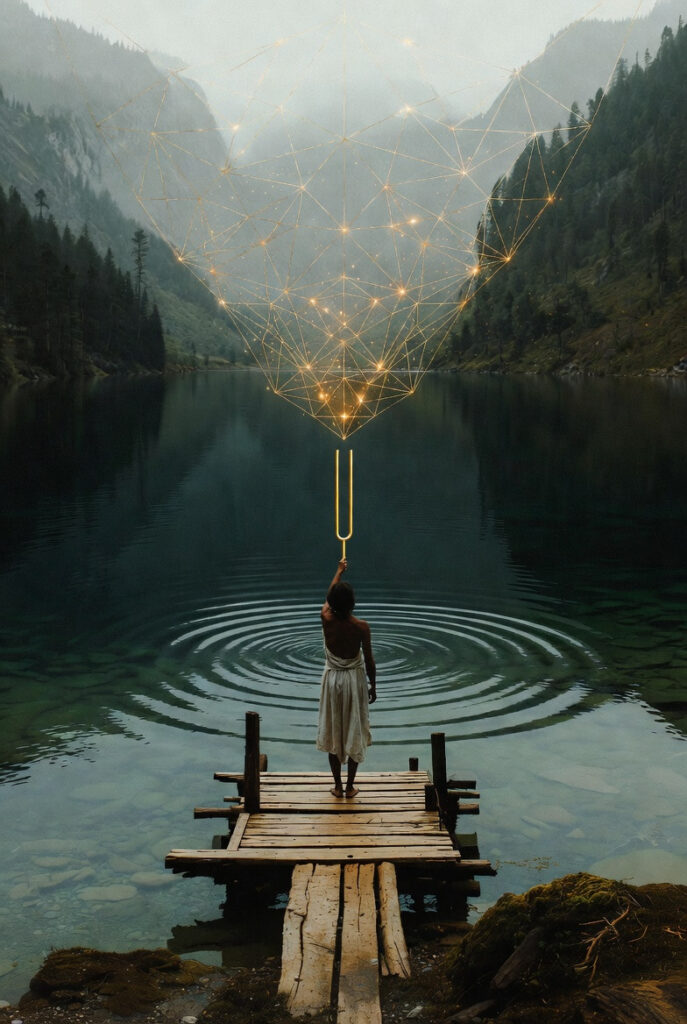 A painterly illustration of a person standing on a wooden pier by a still, deep green lake, holding a golden tuning fork that creates perfect ripples in the air.